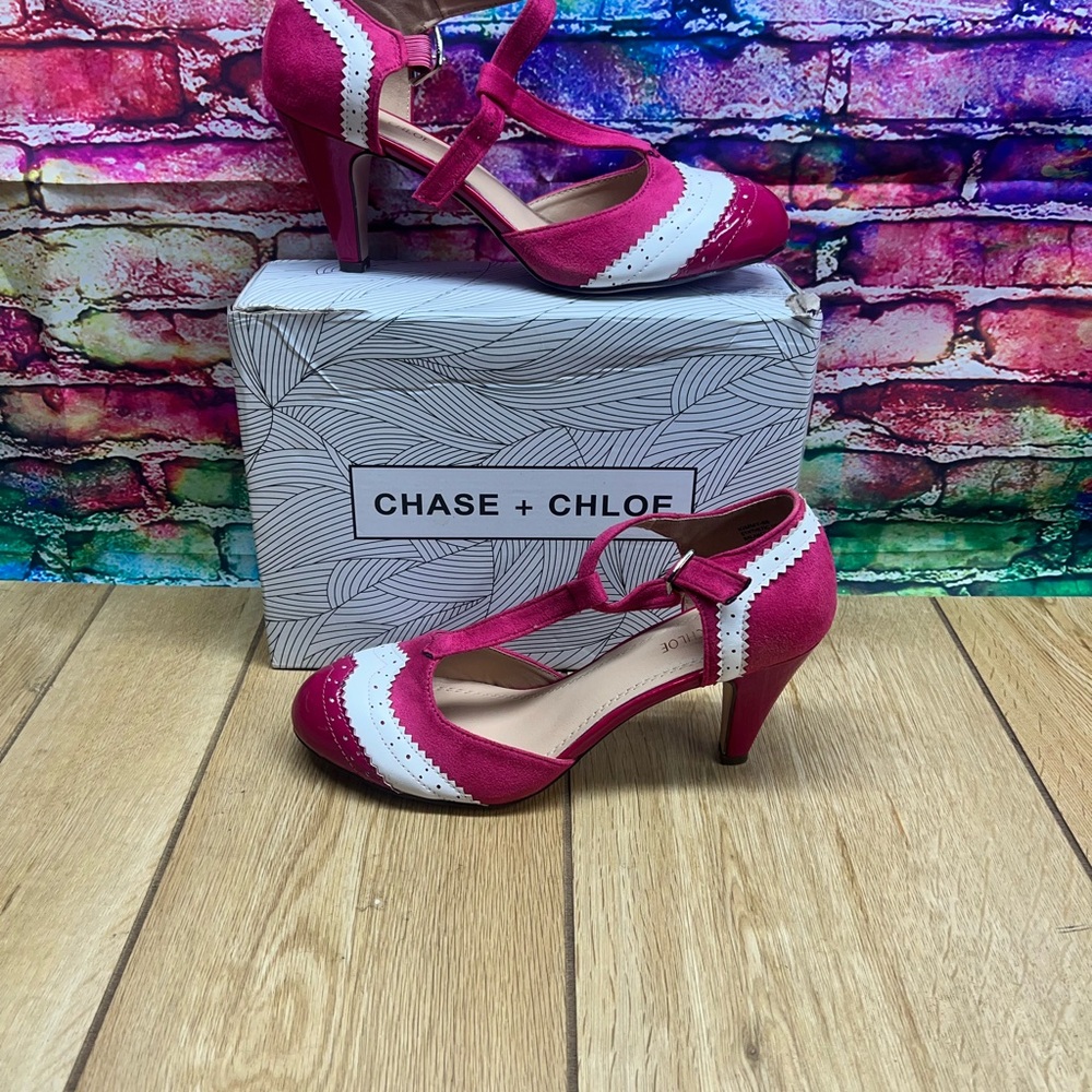 Chase + Chloe Pink and White Heels